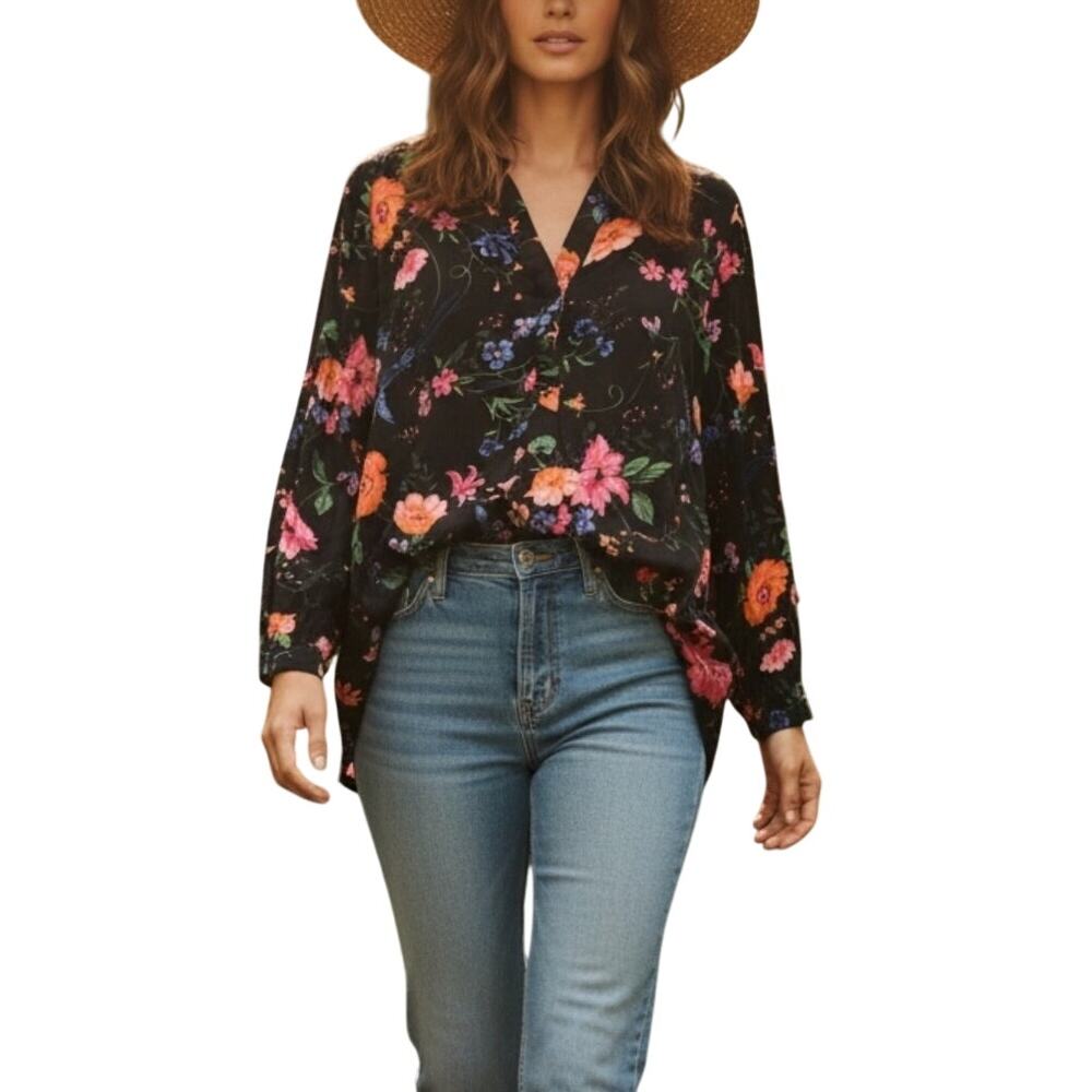 Old Navy The Tunic Shirt Womens Size XXL Black Floral Peasant Cottagecore Boho